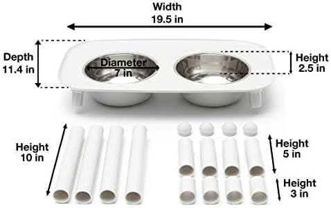 Messy Mutts Elevated Double Dog Feeder, Adjustable Height, Light Grey | Adjustable-Height Elevated Double Dog Feeder With Two 5 Cup Stainless Bowls, Legs Set To 3, 5, Or 10 Inches