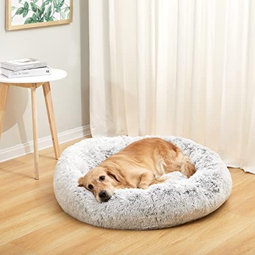 Bedfolks Calming Fluffy Donut Dog Bed for Large Dogs,Light Grey, 36" Round