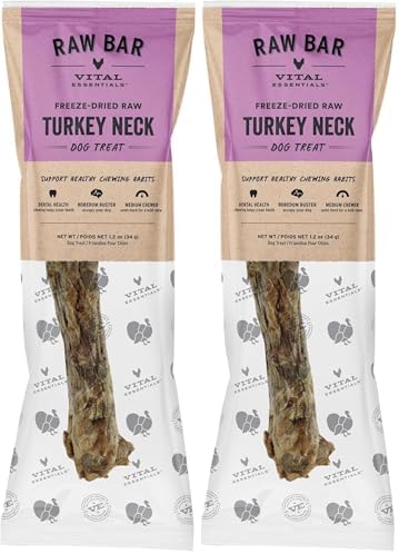 Vital Essentials Freeze-Dried Raw Turkey Neck Dog Treat & Natural Chew, 2-Pack | Single Ingredient Dog Treat for Medium Chewers | Made in USA