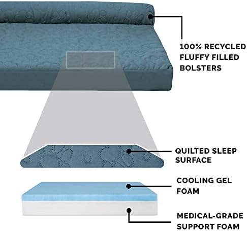 Furhaven Cooling Gel Dog Bed for Large Dogs w/ Removable Bolsters & Washable Cover, For Dogs Up to 95 lbs - Pinsonic Quilted Paw L Shaped Chaise - Bluestone, Jumbo/XL