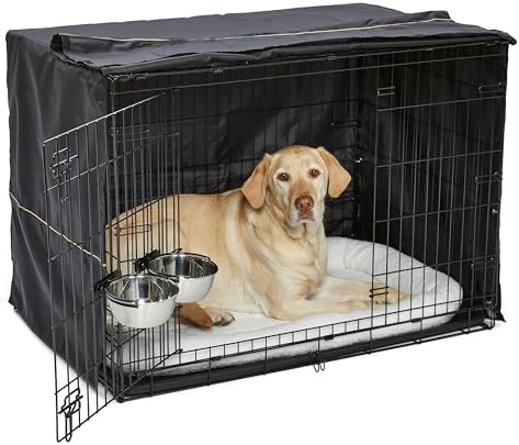 MidWest Homes for Pets Double Door iCrate Starter Kit, 42-inch Dog Crate Bundle for Large Dogs, Includes Cage, Pet Bed, 2 Bowls and Privacy Cover