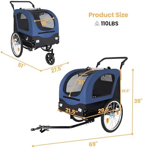 KEIKI 2-in-1 Dog Bike Trailer & Pet Stroller - up to 110lbs, Built-in Leash