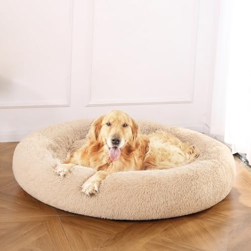 Amazon Basics Washable Donut Pet Bolster Faux Fur Bed with Removable Cover, Anti-Slip Bottom for Dog, Beige, 45" x 45"
