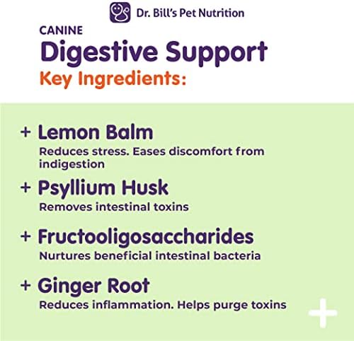 Dr. Bill’s Canine Digestive Support - Probiotics & Prebiotics for Dogs - Gut Health Pet Supplements - Contains Ginger Root, Psyllium Husk, Lemon Balm and Bifidobacterium
