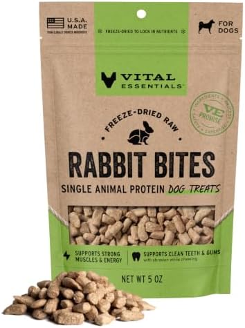Vital Essentials Freeze Dried Dog Treats, Rabbit Bites, 5 oz Bag