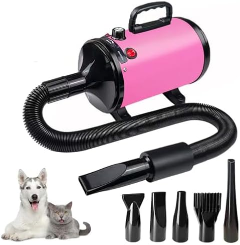 Dog Hair Dryer for Pet Grooming, High-Velocity Blow Dryer, Adjustable Speed and Temperature, Noise Reduction, 5 Nozzles for Efficient Drying