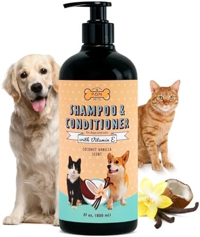 POM Pets 2-in-1 Organic Dog Shampoo & Conditioner – Itchy Skin Relief, Dog Deshedding, Detangles Fur, Cat Shampoo, Paw Cleaner for Dogs, Natural Coat Defense Formula