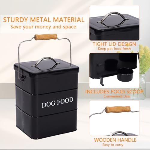 Morezi Dog Food Treat Storage Container with Lid Scoop Included, 5 lbs, Carbon Steel, Black