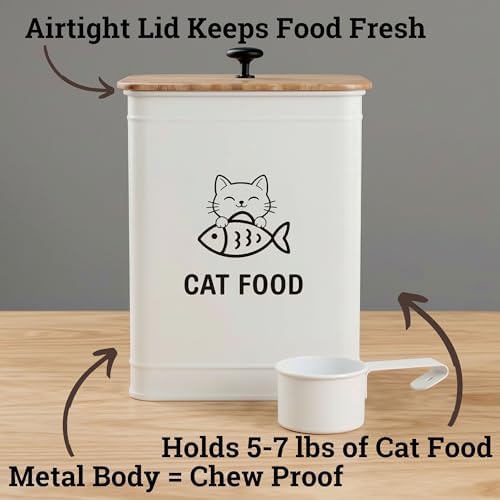 Metal Cat Food Container with Scoop 5-7 lb (25 Cup), w/ Airtight Bamboo Lid