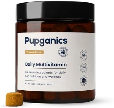 Multivitamin Daily Soft Chew Dog Supplement with Glucosamine, Probiotics, and Omega-3, Beef, Salmon, Chicken, and Peanut Butter Flavors, 30 Chews (Peanut Butter)