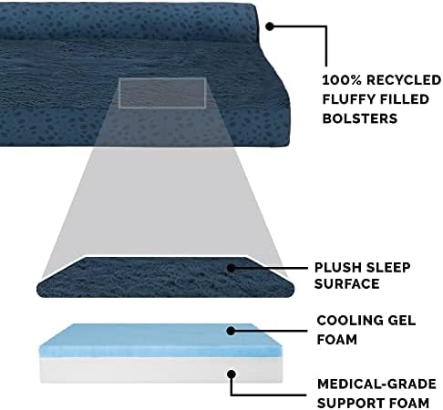Furhaven Cooling Gel Dog Bed for Large Dogs w/ Removable Bolsters & Washable Cover, For Dogs Up to 95 lbs - Plush & Almond Print L Shaped Chaise - Blue Almonds, Jumbo/XL