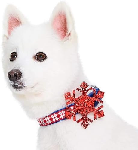 Blueberry Pet Small Christmas Dog Collar – Snowflakes Designer Collar with Bow, 12"-16" Neck, Eco-Friendly Glitter Décor for Holiday Pets