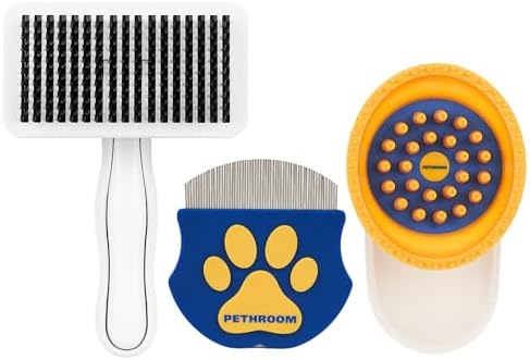 PETHROOM] Healing Slicker Brush & Easy Facial Comb & Healing Brush Bundle | Pet Eye Booger Remover Rounded Comb & Coated Tips for Deshedding & Soothing Silicone Grooming Tool