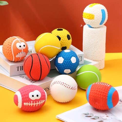 Gemscream 10 Pack 2.4" Squeaky Latex Dog Toys for Small Medium Puppy | Soft Rubber Bouncy Chew Ball, Interactive Dog Toys with Football Soccer Volleyball Basketball Tennis Baseball, Outdoor