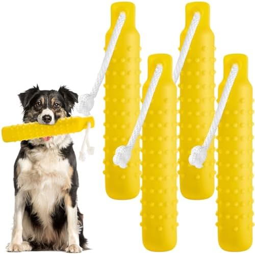 Blueweenly Yellow Dog Bumper Toy Training Dummy, 4 Pcs | Plastic Lightweight Floats on Water, Textured with Rope for Fetch, Pool Outdoor Retrieving, Summer Water Play