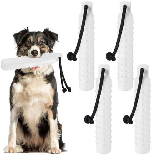 Blueweenly Pure White Dog Bumper Toy Training Dummy, 4 Pcs | Plastic Lightweight Floats on Water, Textured with Rope for Fetch, Pool Outdoor Retrieving, Summer Water Play