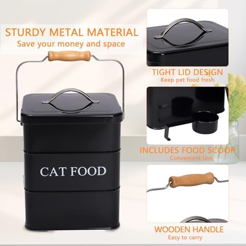 Cat Food Treat Storage Container with lid scoop included - Perfect Farmhouse Cat Food Bin for Kitchen Countertop, Shelf, Decoration Home - Cat Food - Black