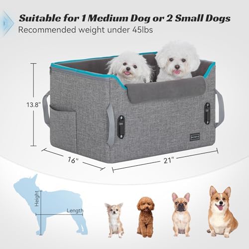 PETSFIT Dog Booster Car Seat, Small/Medium Dogs, 2 Clip-On Leashes, Storage Pockets, Under 45 lbs, Grey