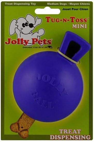 Jolly Pets Tug-n-Toss Heavy Duty Dog Toy Ball with Handle, 3 Inches/Mini, Blue, Model:403 BL | Mini 3 inch jolly ball with handle, treat-dispensing chamber for puzzle play, bounces for fetch, made in USA