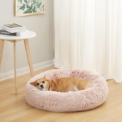 Bedfolks Calming Fluffy Donut Dog Bed for Medium Dogs,Pink, 30" Round