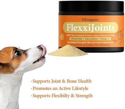 NZorganix FlexxiJoints 100% New Zealand Green-Lipped Mussel Powder, Hip & Joint Support Formula for Dogs & Cats, with Glucosamine, Chondroitin 100g (300 Servings)