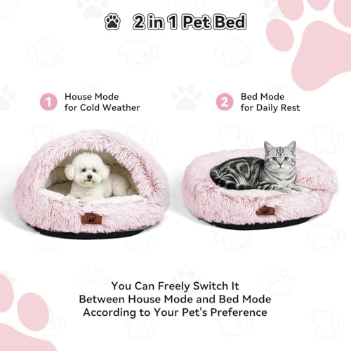 YooxArmor Round Covered Cat Bed Cave Dog Bed for Small Medium Pets,Pink,S