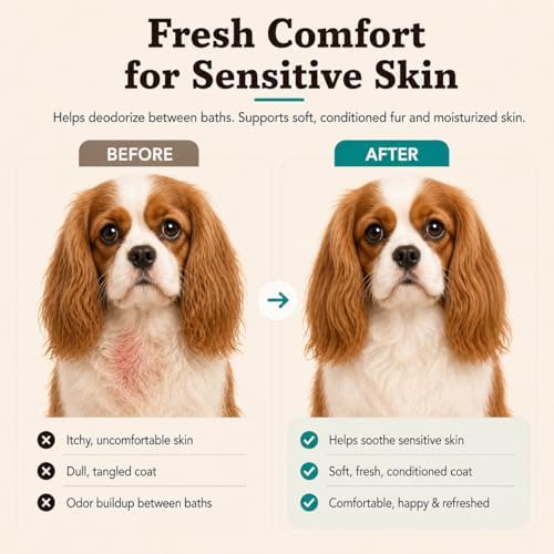 Natural Dog Company Sensitive Skin Dog Deodorizing Spray: Ideal with Sensitive Skin Dog Shampoo, Long Lasting Dog Perfume, Dog Spray Deodorizer, Neutral Scented Dog Spray with hints of Lavender, 8 oz