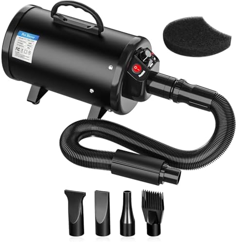 Dog Hair Dryer, 2400W Pet Grooming Dryer High Velocity Professional Blower with 4 Nozzles and 2 Filters, Adjustable Speed and Temperature Dog Hair Dryers, Black