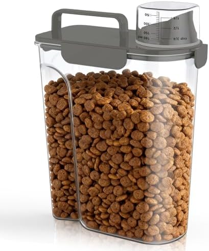 Uppetly Dog Cat Food Storage Container, 5-7Lbs Pet Food Containers, Airtight Cat Food Container with Portable Handle & Measuring Cup, Small Animal Dry Food Dispenser for Dogs, Cats and Birds Grey
