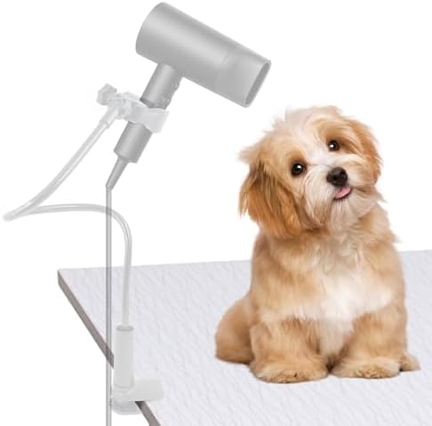 Dog Hair Dryer Holder, Alloy Adjustable Lazy Hair Dryer Hands Free Stand with 360° Rotatable Clamp for Pet Dog Cat Grooming (White)