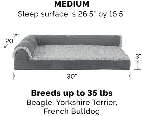 Furhaven Cooling Gel Dog Bed for Medium/Small Dogs w/ Removable Bolsters & Washable Cover, For Dogs Up to 35 lbs - Two-Tone Plush Faux Fur & Suede L Shaped Chaise - Stone Gray, Medium