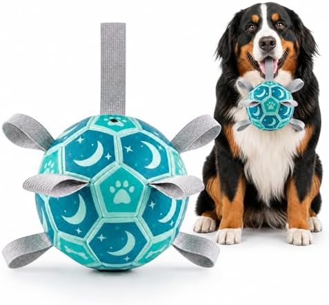 Dog Soccer Ball with Straps, 7.25 Inch Herding Dog Ball Toys Dog Birthday Toy, Balls for 30-90lbs Dogs, Outdoor Dog Toy for Medium Large Puppy, Interactive Toy for Tug, Water Toy Ball,Blue