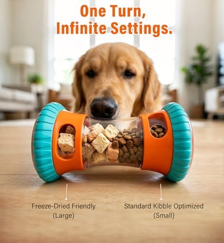 Dog Slow Feeder Toy & Enrichment Puzzle, Interactive Treat Dispenser for All Breeds, Freeze-Dried Compatible Dual Port, Quiet Rubber Wheels, Dishwasher Safe, Boredom & Anxiety Relief
