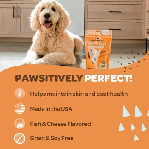 Skin and Coat Supplement for Dogs | Nourishing Omega 3 for Dogs with EPA DHA Krill Oil and Vitamin E | Dog Skin and Coat Supplement | 1 Chew up to 75lbs | NASC Certified & Made in The USA | 90 Chews