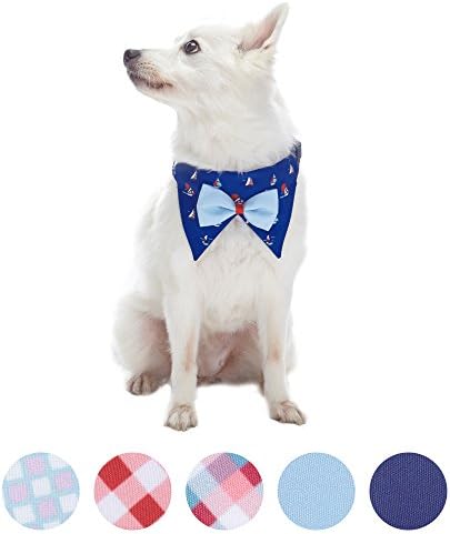 Blueberry Pet Nautical Navy Blue Sailboat Adjustable Dog Bandana Collar with Bow Tie, Medium, Neck 14.5"-20"