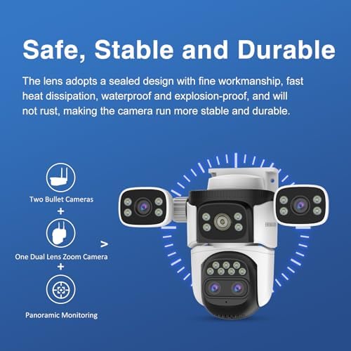 EVERSECU 10x Hybrid Zoom Quad Lens WiFi PTZ Security Camera, Triple Cameras in One, Side Cameras with Adjustable All-Angle Arm, 2K 360° View No Blind Spot, Auto Tracking, Spotlight, 2 Way Audio