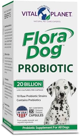 Vital Planet - Flora Dog Probiotic Capsules Supplement with 20 Billion Cultures and 10 Strains, High Potency Immune and Digestive Support Probiotics for Dogs, 30 Delayed Release Capsules