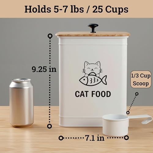 Metal Cat Food Container with Scoop 5-7 lb (25 Cup), w/ Airtight Bamboo Lid