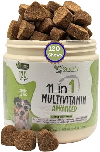 Dog Multivitamin, Chewable Dog Vitamins and Supplements for Hip & Joints, Skin & Coat, Omega 3 Fish Oil for Dogs- Senior & Puppy Multivitamin - Salmon- 120 Soft Chews