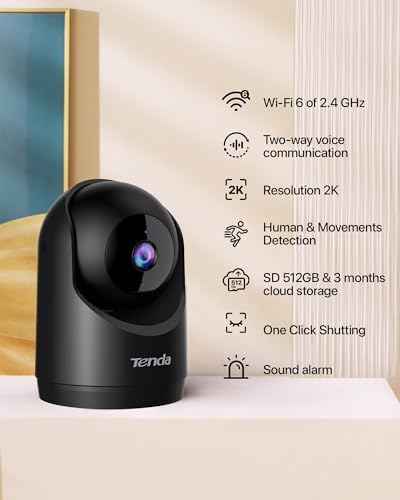 Tenda 2K Indoor Security Camera for Baby Monitor, WiFi 6 Pet/Dog Camera for Home Security, 360° Pan/Tilt, 2-Way Audio, Motion Detection, Night Vision, Cloud & SD Card Storage, Black(CP3-V3.0)