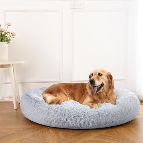 Amazon Basics Washable Donut Pet Bolster Faux Fur Bed with Removable Cover, Anti-Slip Bottom for Dog, Grey, 45" x 45"