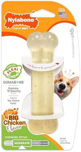 Nylabone Flexi Chew Gumabone Dog Chew Toy, Chicken Flavor, Small | Dog toys for small dogs up to 25 lbs, flexible material, gentle on teeth, freezable, bouncy, great for seniors