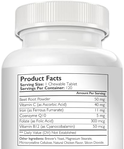 Iron for Dogs with Anemia to Support Blood Health, Blood Cell Formation & Oxygen Supply, Iron Supplement for Anemic Dogs + Vitamin C, Folate, Vitamin B12, 120 Chewable Tablets