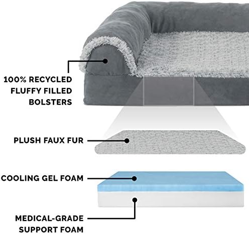 Furhaven Cooling Gel Dog Bed for Medium/Small Dogs w/ Removable Bolsters & Washable Cover, For Dogs Up to 35 lbs - Two-Tone Plush Faux Fur & Suede L Shaped Chaise - Stone Gray, Medium