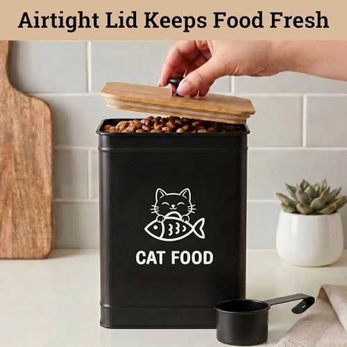 Metal Cat Food Container with Scoop 5-7 lb (25 Cup), w/ Airtight Bamboo Lid