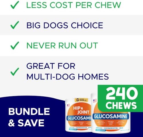 Dog Joint Supplement Large Breed - Glucosamine & Chondroitin Treats for Dogs - Supplement w/Omega-3, MSM - Made in USA - Joint Pain Relief - 240 Mobility Chews