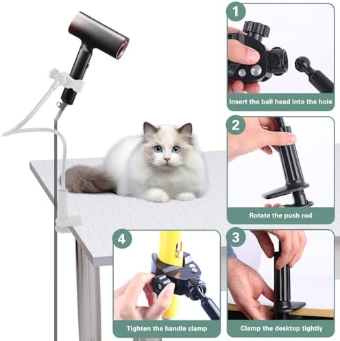 Dog Hair Dryer Holder, Alloy Adjustable Lazy Hair Dryer Hands Free Stand with 360° Rotatable Clamp for Pet Dog Cat Grooming (White)