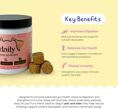 Probiotics for Dogs, Gut Health, Digestive Support & Occasional Diarrhea Relief - Turkey Flavor - 30 Soft Chews