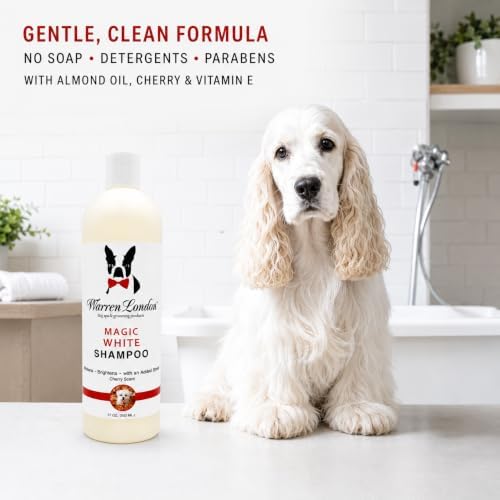 Warren London Magic White Dog Shampoo | Whitening Shampoo for White Dogs & Lighter Dog Coats | Puppy and Cat Safe Grooming Supplies | Cherry Scent | Made in USA | 17oz
