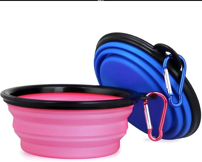 Collapsible Pet Bowl Set with Carabiner Clip, Pink & Black